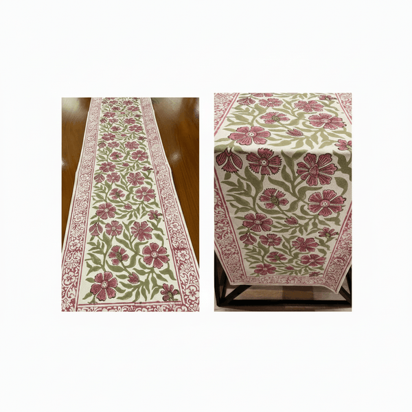 Dusty Rose & Sage Green Floral  Hand Block Printed Table 13 Pieces Linen Set