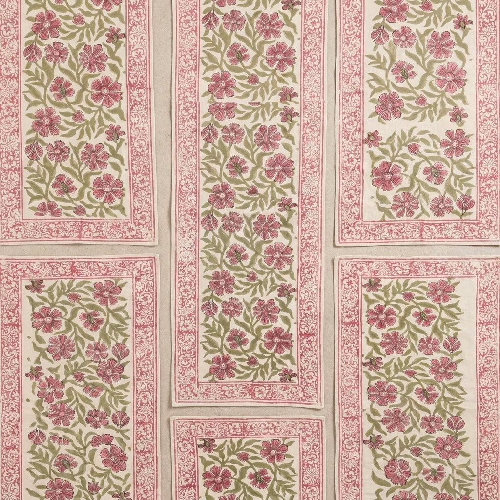Dusty Rose & Sage Green Floral  Hand Block Printed Table 13 Pieces Linen Set