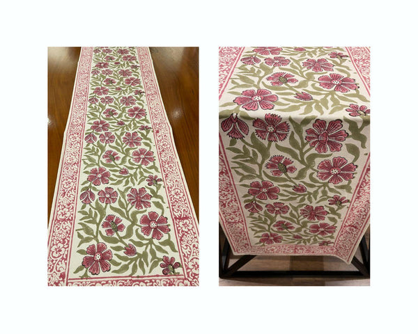 Dusty Rose & Sage Green Floral  Hand Block Printed Table 13 Pieces Linen Set