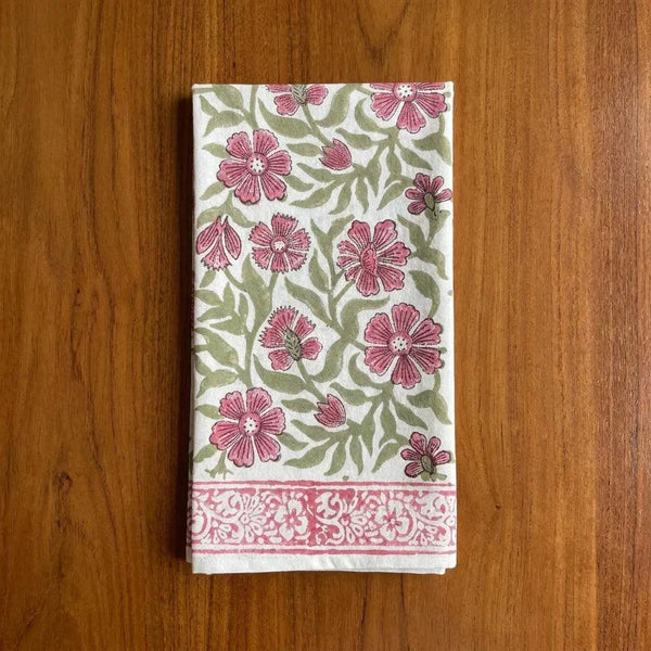Dusty Rose & Sage Green Floral  Hand Block Printed Table 13 Pieces Linen Set