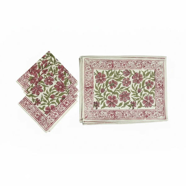 Dusty Rose & Sage Green Floral  Hand Block Printed Table 13 Pieces Linen Set