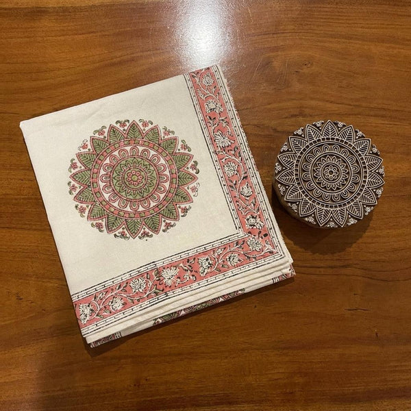 Dusty Rose & Sage Green Mandala Table Linen Set – 13 Piece | Hand Block Printed Cotton | Runner, Placemats & Napkins