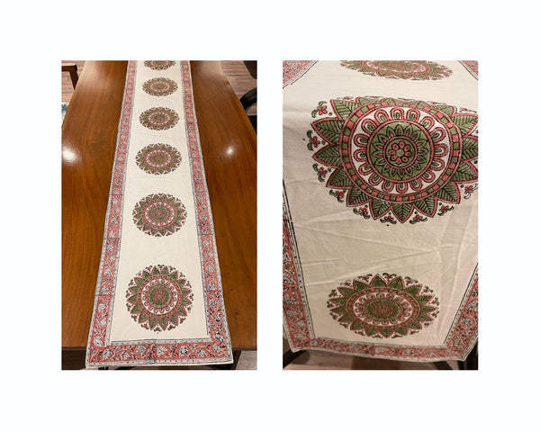Dusty Rose & Sage Green Mandala Table Linen Set – 13 Piece | Hand Block Printed Cotton | Runner, Placemats & Napkins