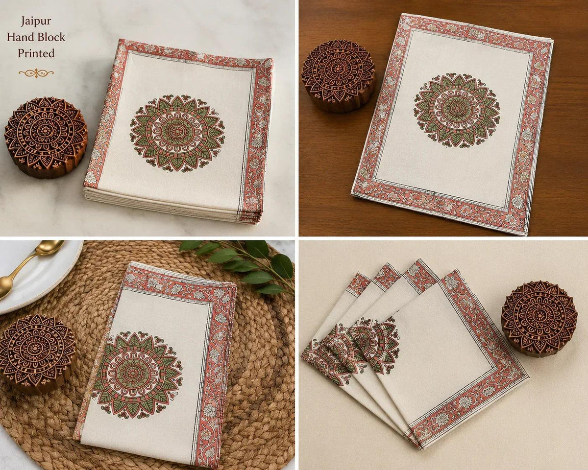 Dusty Rose & Sage Green Mandala Table Linen Set – 13 Piece | Hand Block Printed Cotton | Runner, Placemats & Napkins