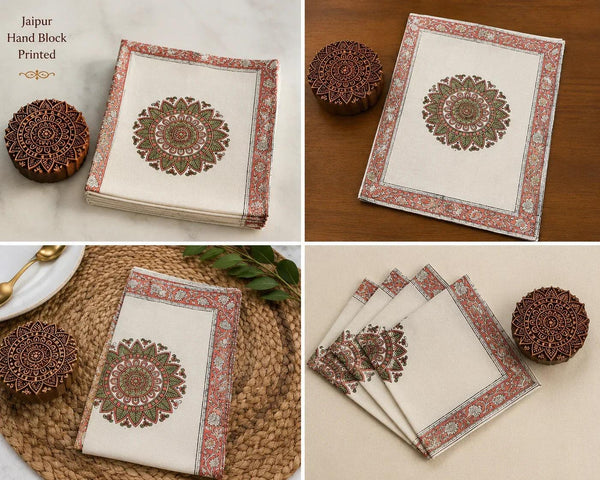 Dusty Rose & Sage Green Mandala Table Linen Set – 13 Piece | Hand Block Printed Cotton | Runner, Placemats & Napkins