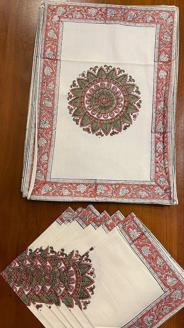 Dusty Rose & Sage Green Mandala Table Linen Set – 13 Piece | Hand Block Printed Cotton | Runner, Placemats & Napkins