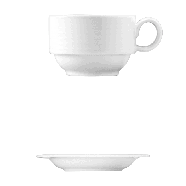 Corby Hall Duo Cup, Stackable || Saucer | Catalog Number: 010 0183 | Dimensions: 9 fl oz (275 ml) || Catalog Number: 010 0182 | Dimensions: 6 5/8 in (17 cm)