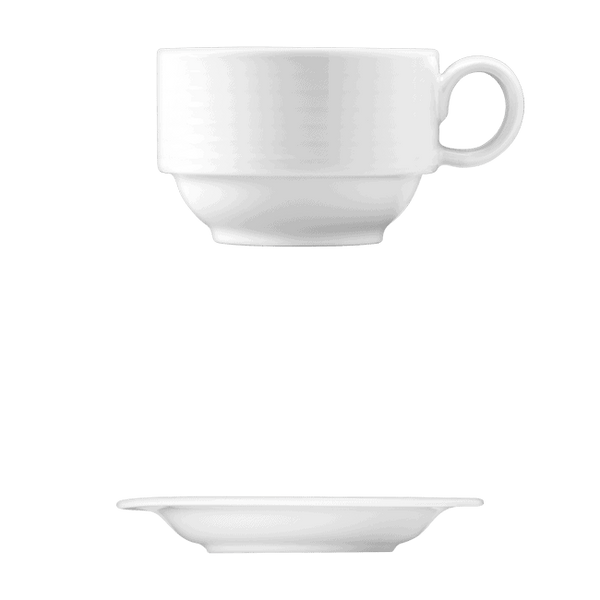 Corby Hall Duo Cup, Stackable || Saucer | Catalog Number: 010 0183 | Dimensions: 9 fl oz (275 ml) || Catalog Number: 010 0182 | Dimensions: 6 5/8 in (17 cm)