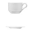 Corby Hall Ecos Cup, Stackable || Saucer | Catalog Number: 048 0201 | Dimensions: 4 fl oz (118 ml) || Catalog Number: 048 0202 | Dimensions: 5 1/8 in (12 cm)