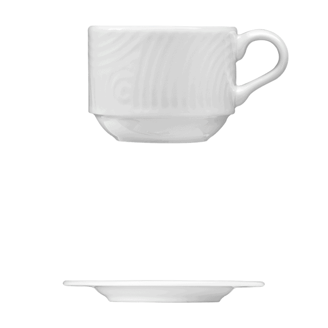 Corby Hall Ecos Cup, Stackable || Saucer | Catalog Number: 048 0201 | Dimensions: 4 fl oz (118 ml) || Catalog Number: 048 0202 | Dimensions: 5 1/8 in (12 cm)
