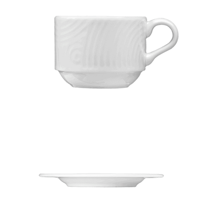 Corby Hall Ecos Cup, Stackable || Saucer | Catalog Number: 048 0201 | Dimensions: 4 fl oz (118 ml) || Catalog Number: 048 0202 | Dimensions: 5 1/8 in (12 cm)