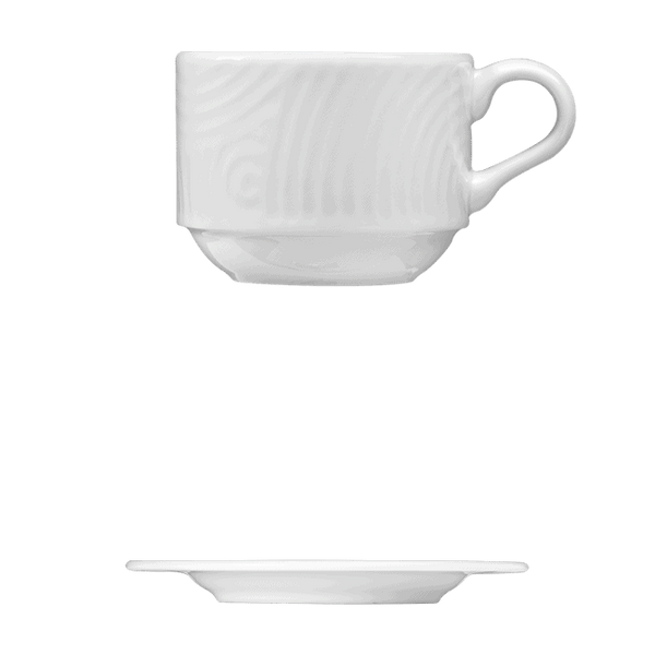 Corby Hall Ecos Cup, Stackable || Saucer | Catalog Number: 048 0201 | Dimensions: 4 fl oz (118 ml) || Catalog Number: 048 0202 | Dimensions: 5 1/8 in (12 cm)
