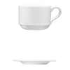 Corby Hall Ecos Cup, Stackable || Saucer | Catalog Number: 048 0191 | Dimensions: 8 fl oz (236 ml) || Catalog Number: 048 0192 | Dimensions: 7 1/8 in (18 cm)