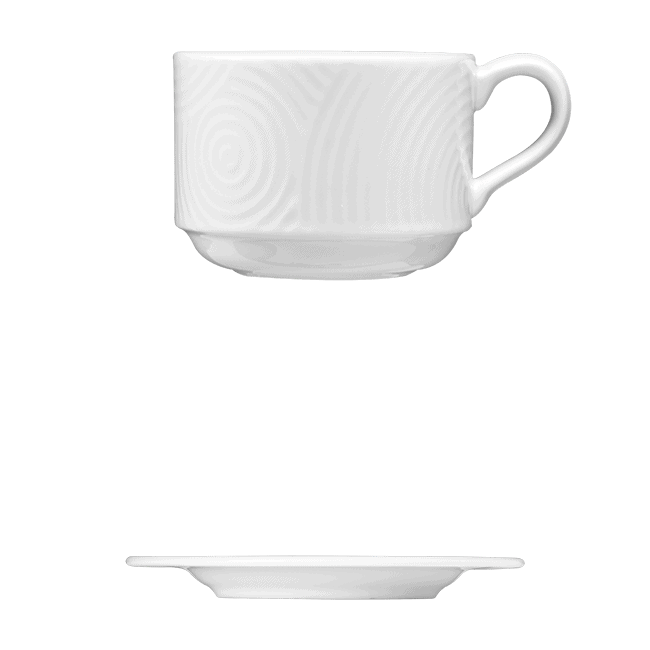 Corby Hall Ecos Cup, Stackable || Saucer | Catalog Number: 048 0191 | Dimensions: 8 fl oz (236 ml) || Catalog Number: 048 0192 | Dimensions: 7 1/8 in (18 cm)