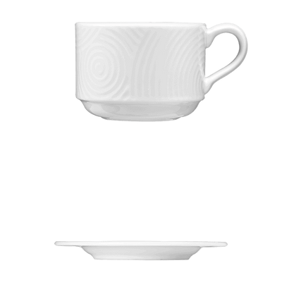 Corby Hall Ecos Cup, Stackable || Saucer | Catalog Number: 048 0191 | Dimensions: 8 fl oz (236 ml) || Catalog Number: 048 0192 | Dimensions: 7 1/8 in (18 cm)