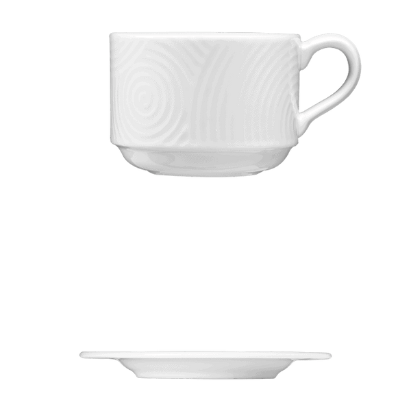 Corby Hall Ecos Cup, Stackable || Saucer | Catalog Number: 048 0191 | Dimensions: 8 fl oz (236 ml) || Catalog Number: 048 0192 | Dimensions: 7 1/8 in (18 cm)