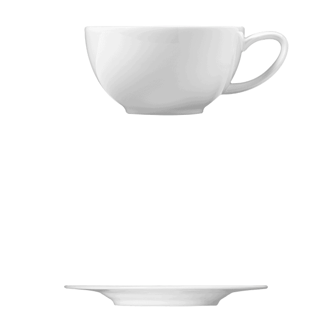 Corby Hall Ecos Cup || Saucer | Catalog Number: 045 0191 | Dimensions: 8 fl oz (265 ml) || Catalog Number: 046 0182 | Dimensions: 7 1/8 in (18 cm)