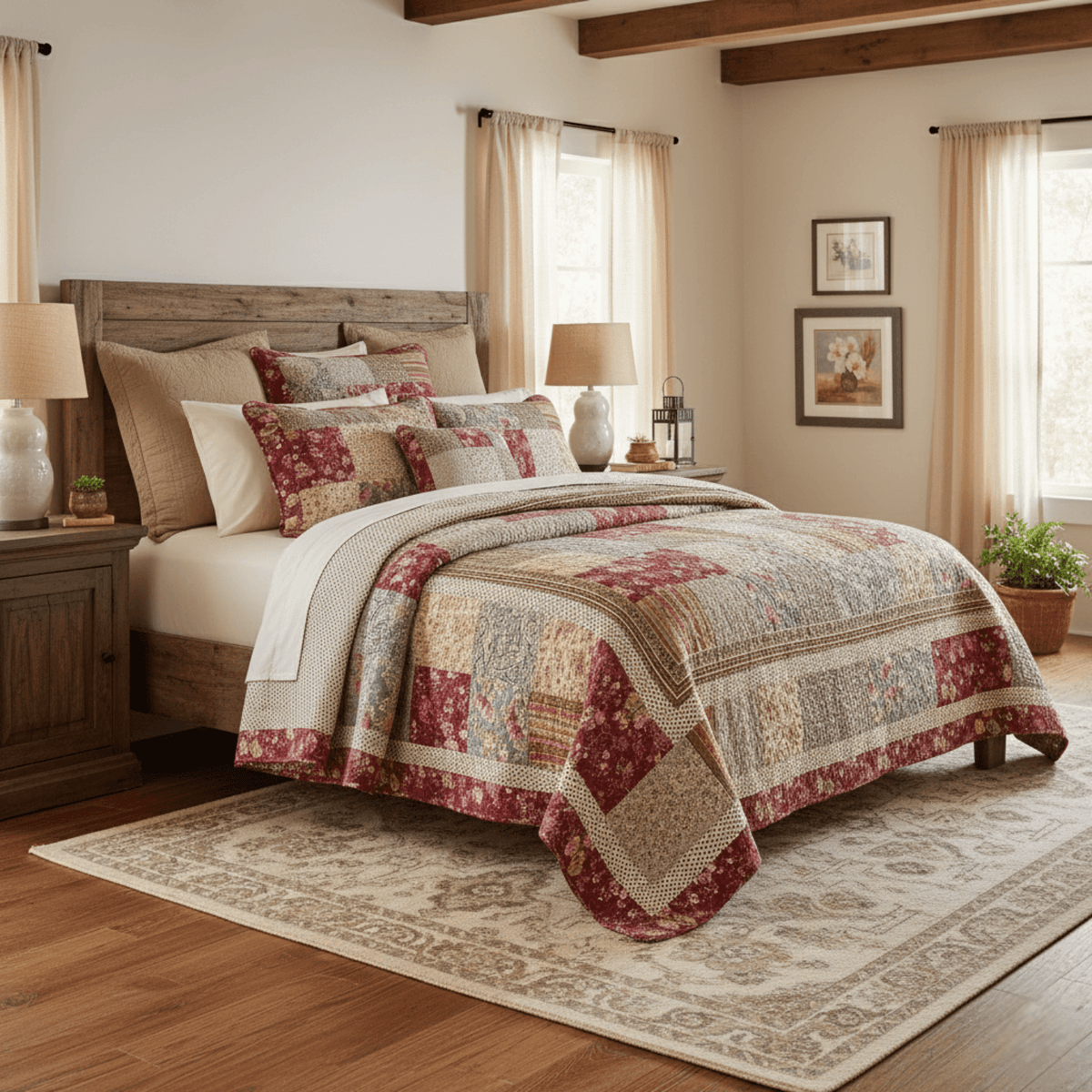 Tache Fairy Tale Tea Party Beige Burgundy Paisley Floral Cotton Patchwork Quilt Set (DXJ103443)