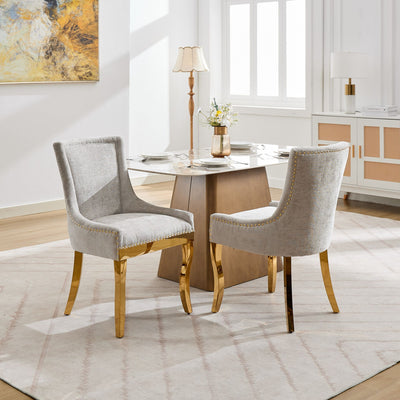 Chenille Dining Chairs Modern Style with Curved Gold-Plated Legs & Rivet Trim