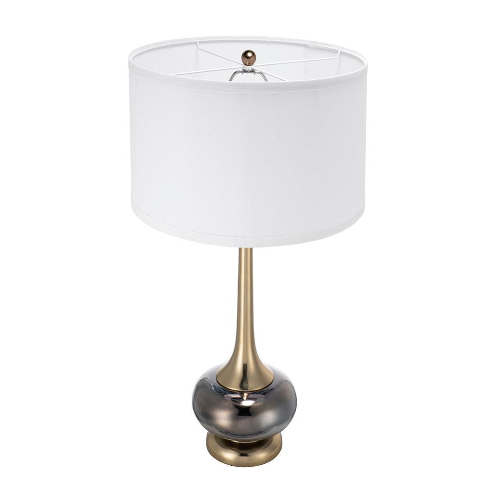 Modern Glass Table Lamp with Gold Accents & White Drum Shade