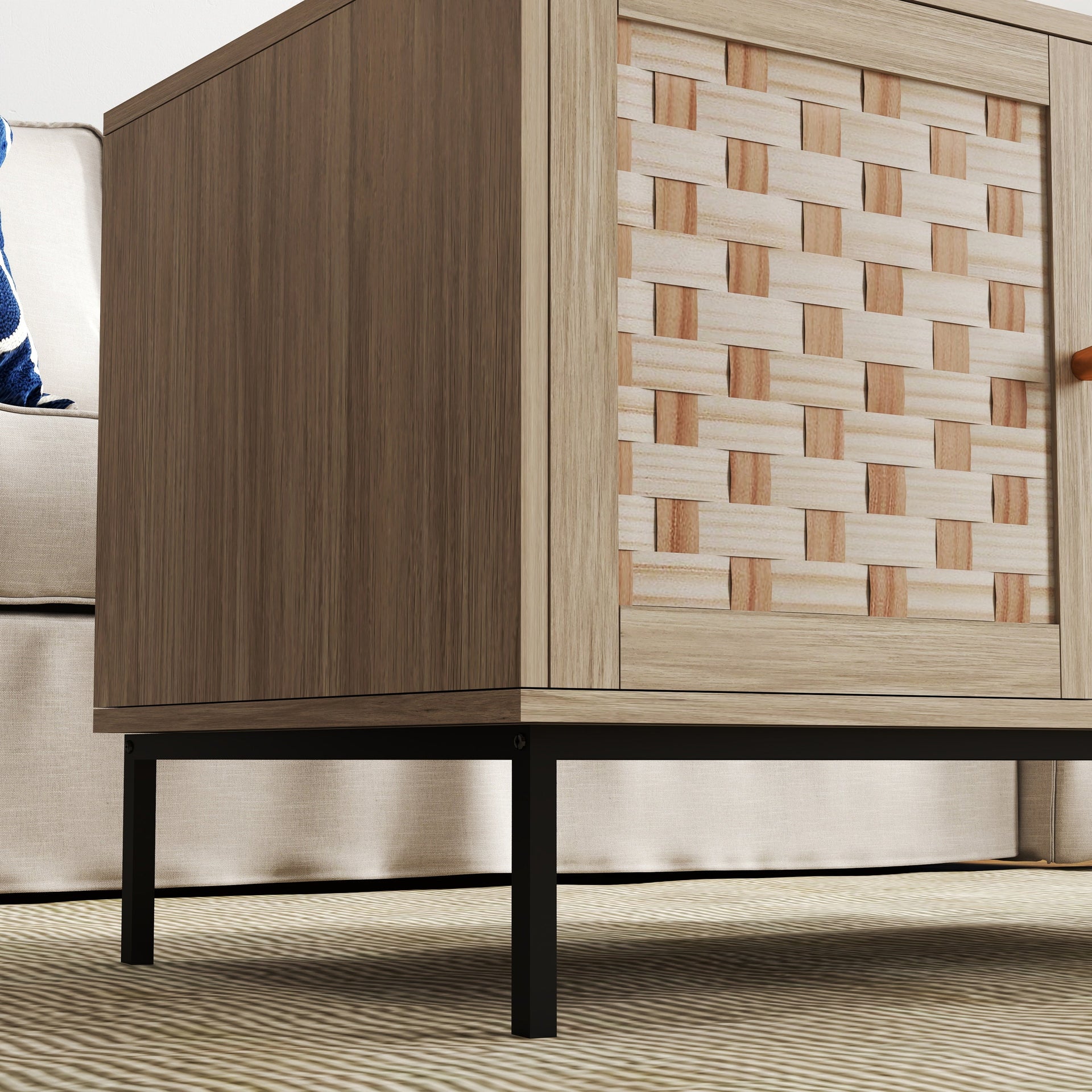 Wooden cabinet with woven design in a room setting