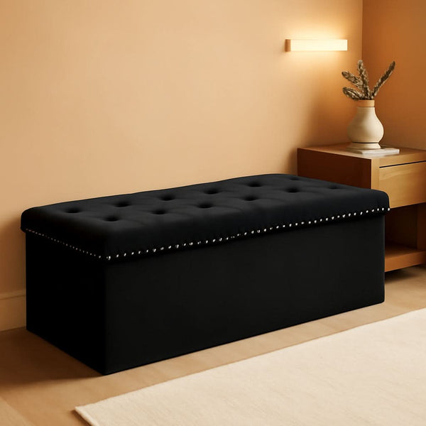 Black Premium Velvet Storage Ottoman Bench Bedroom