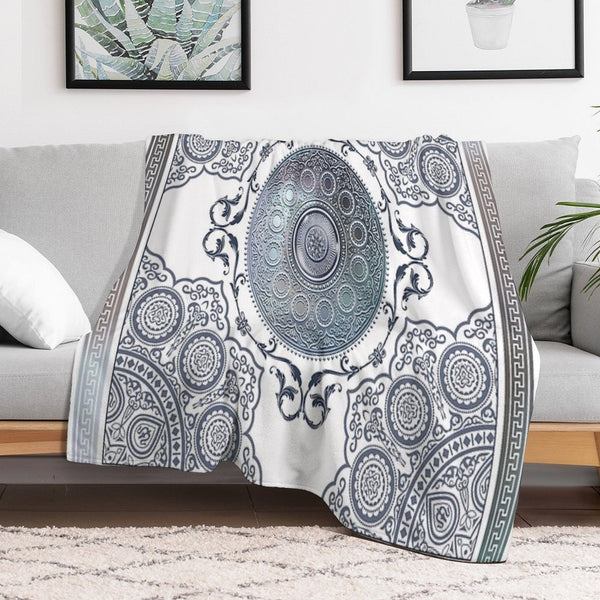 Ornate Baroque Metallic Blue Greek Meander Quick-dry Throw Blanket