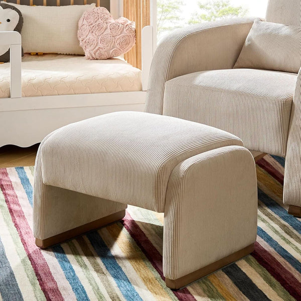 Beige Corduroy Ottoman With Contemporary Wood Legs