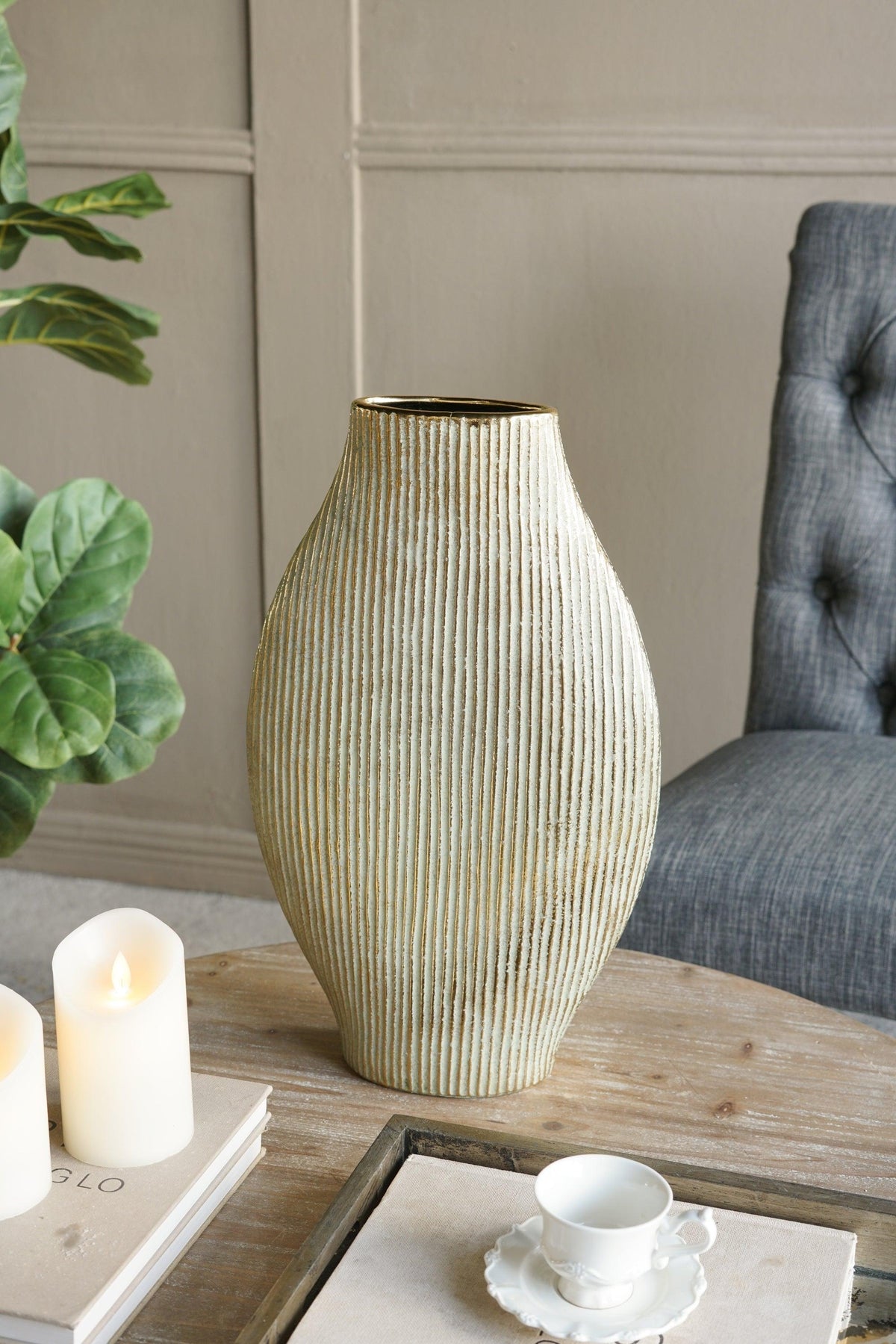Gold Ribbed Ceramic Floor Vase