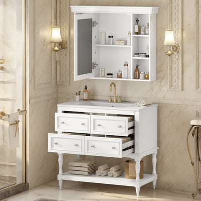 36'' Bathroom Vanity with Medicine Cabinet, Modern Mirror Cabinet with Adjustable Shelf, Bathroom Storage Cabinet with 4 Drawers, Solid Wood Frame Bathroom Storage Cabinet