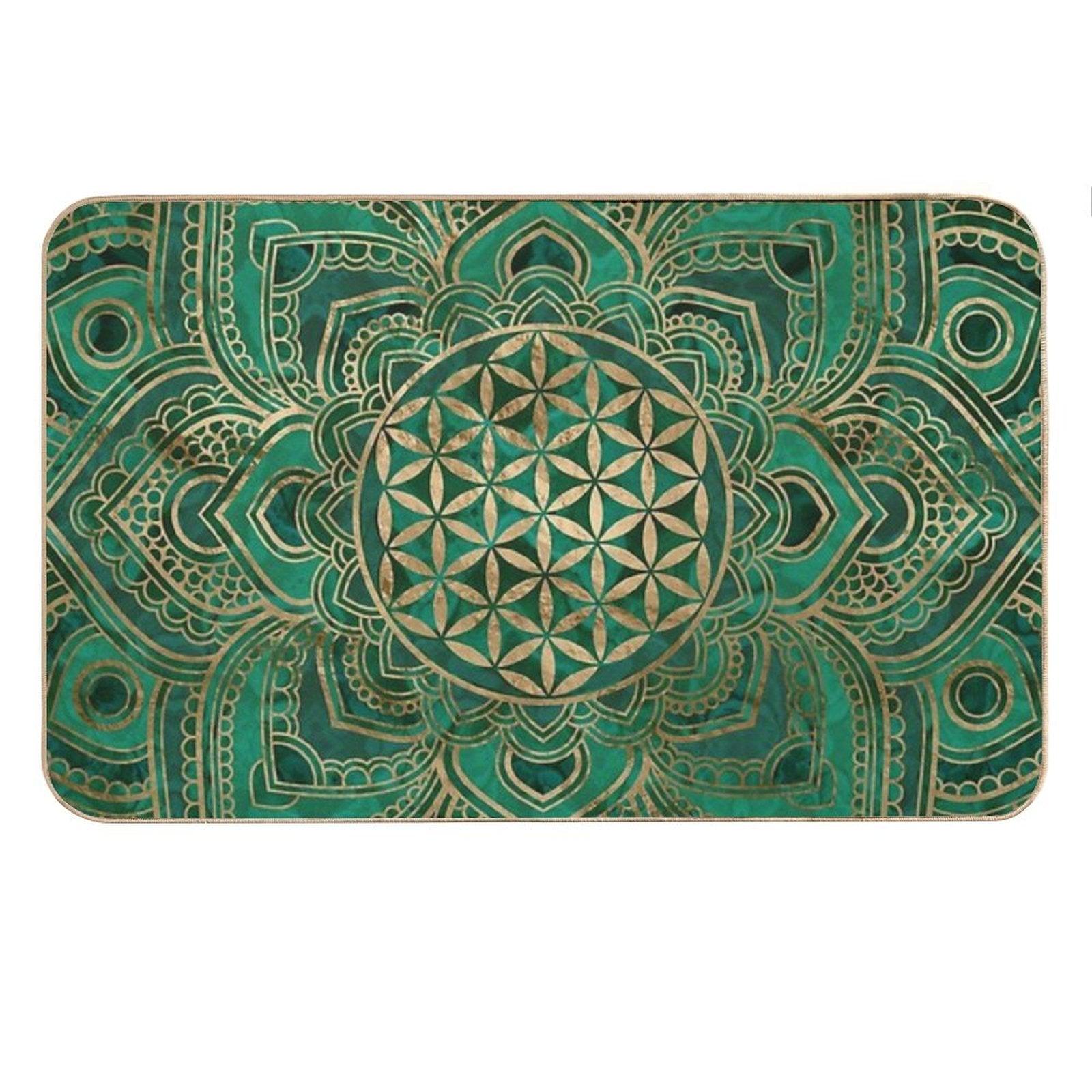 Flower of Life in Lotus - Malachite And Gold Bath Mat