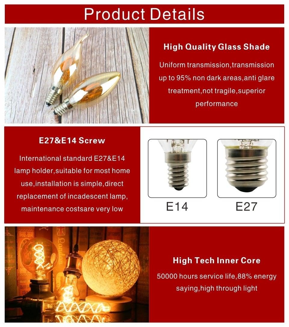 E14 E27 Retro LED Spiral Filament Light Bulb 4W 220V C35 G45 A60 T45 ST64 T185 T225 G80 G95 G125 Vintage Edison Lamp Vintage Filament Light Bulbs Globe Round