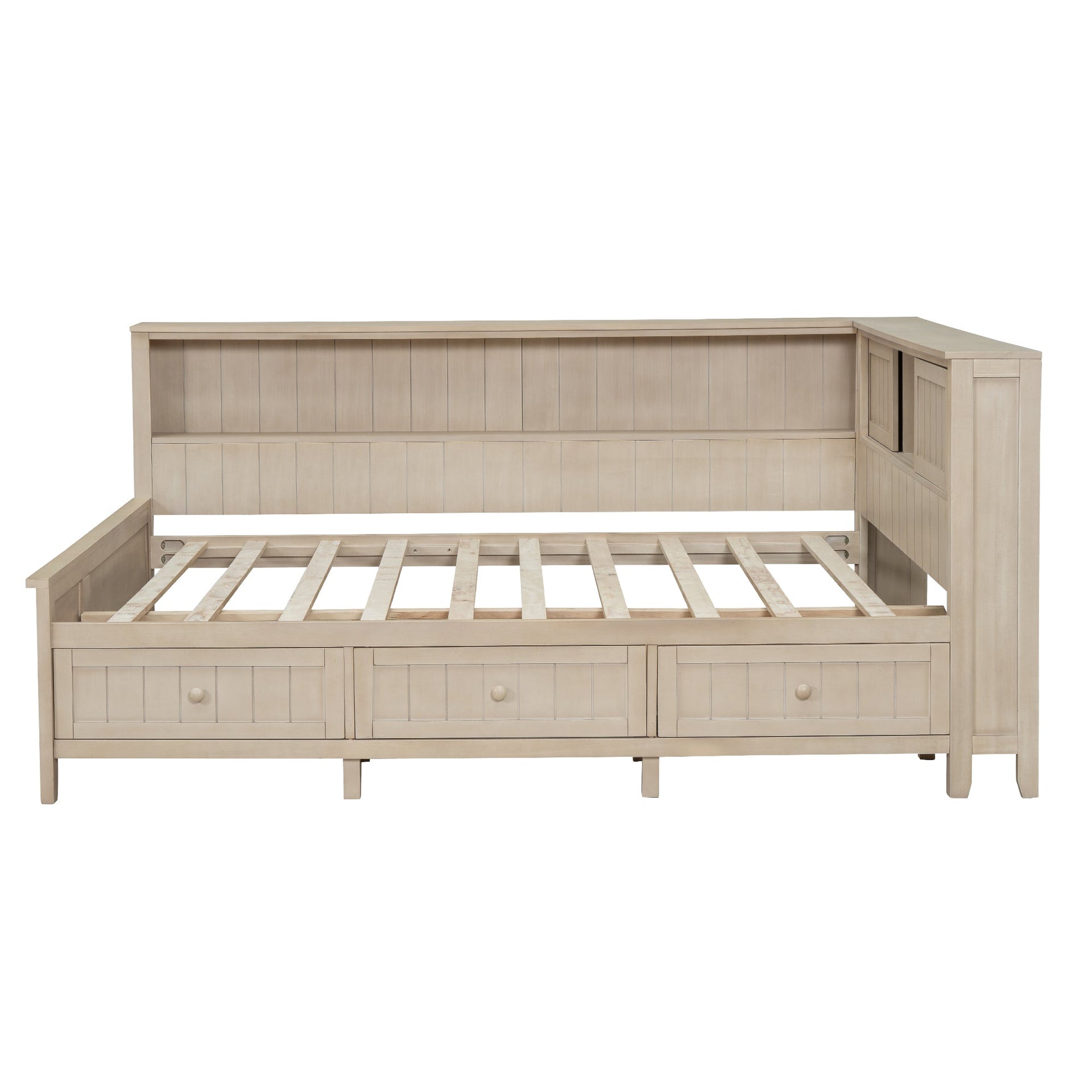 Full Size Wood Daybed with Storage Shelves and 3 Drawers, Antique