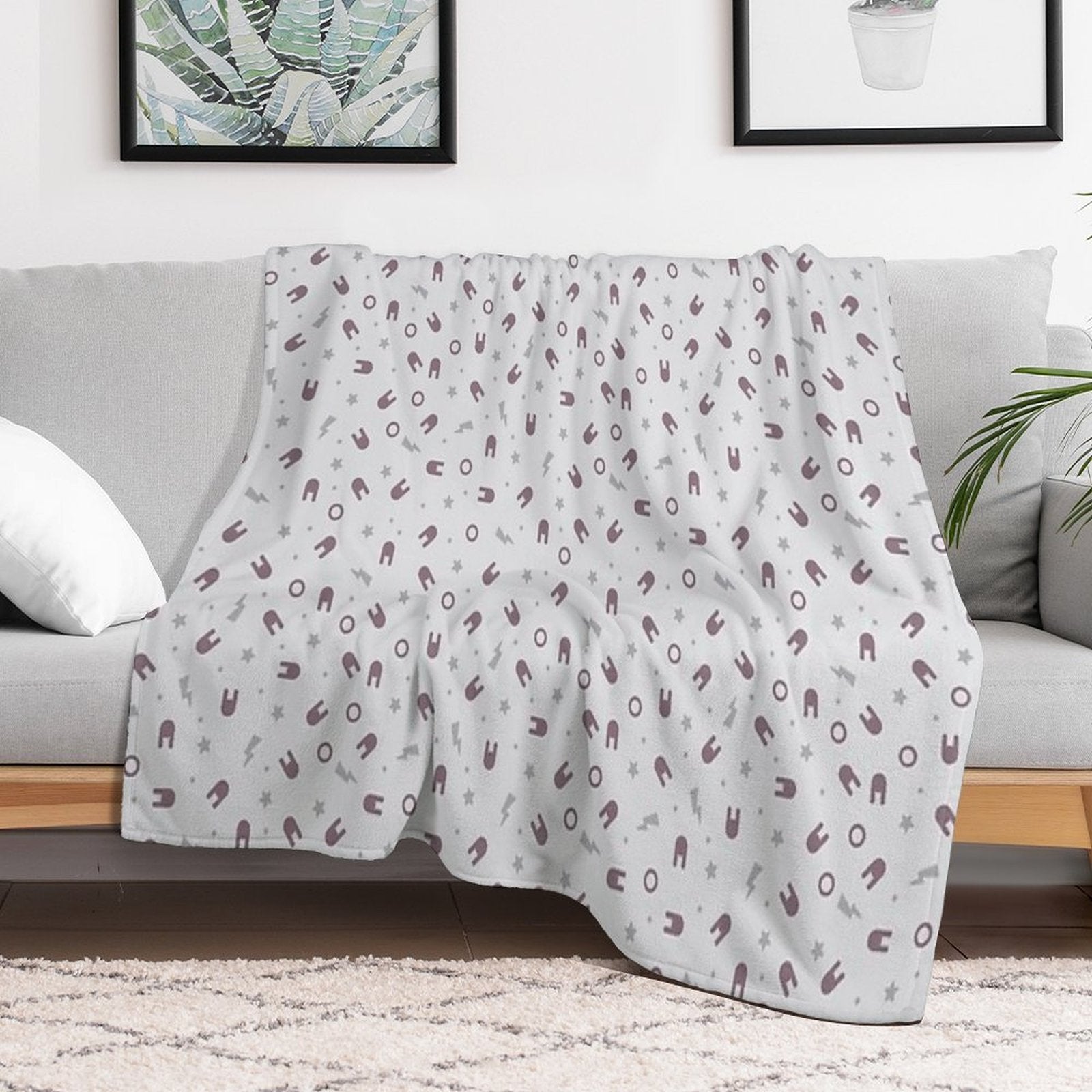 Anime Inspired Cute Kawaii Harajuku Style Grey Bolts And Stars And Chokolate Bunny Heads on Pale Beige Background Travel-friendly Throw Blanket