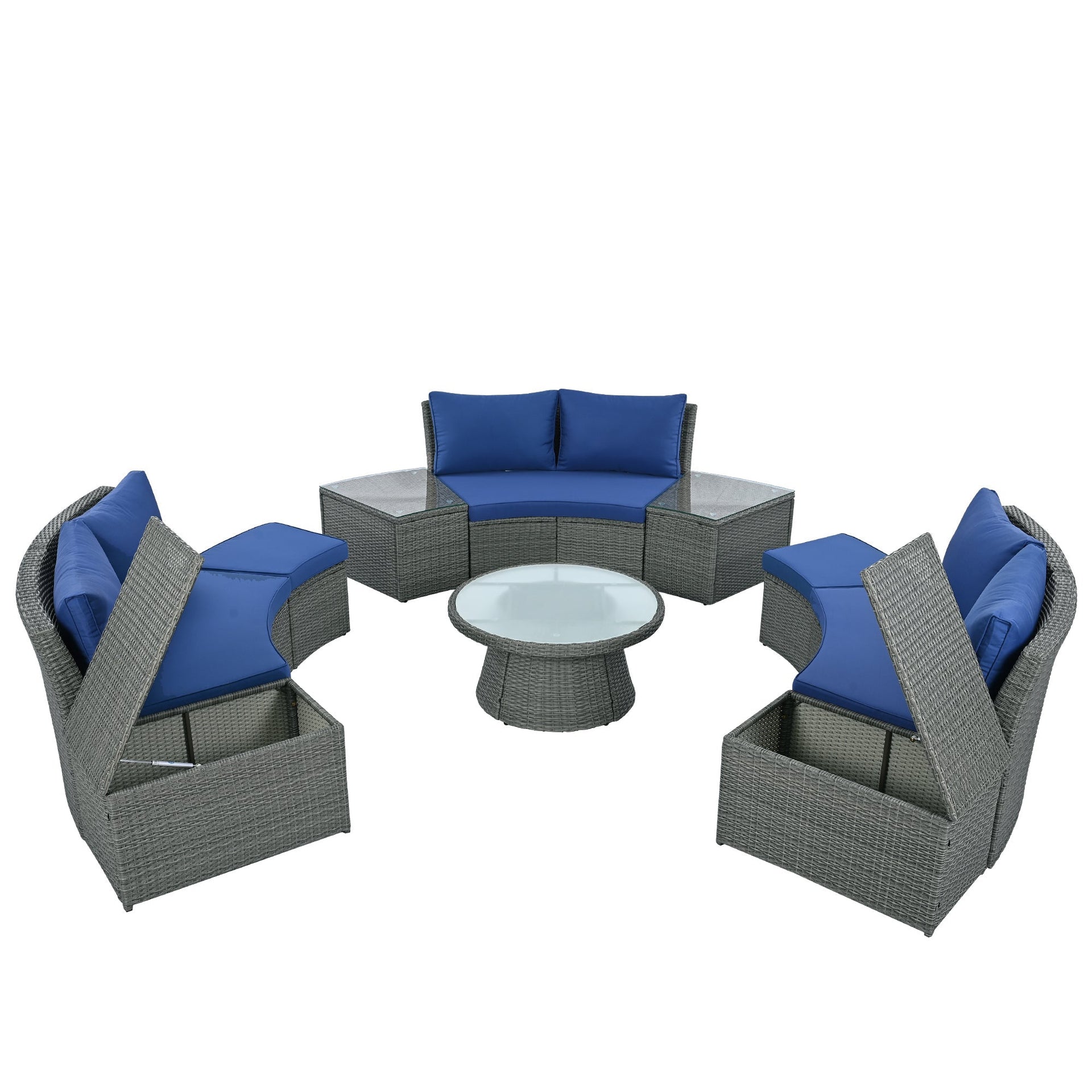 10-Piece Outdoor Sectional Half Round Patio Rattan Sofa Set, PE Wicker Conversation Furniture Set for Free Combination, Blue