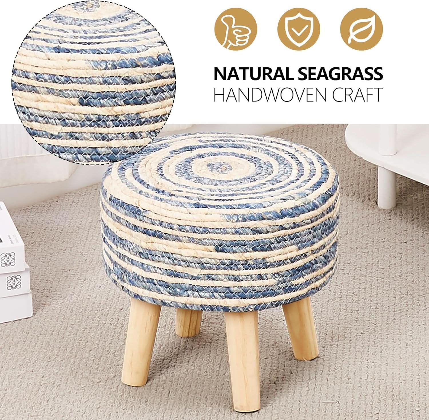 Round Seagrass Ottoman Footstool Handwoven Natural Blue