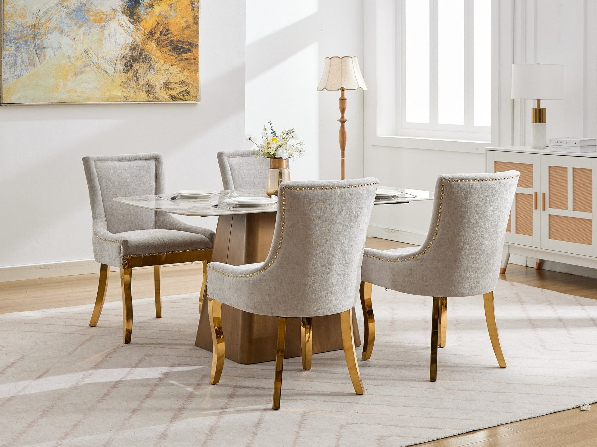 Chenille Dining Chairs Modern Style with Curved Gold-Plated Legs & Rivet Trim