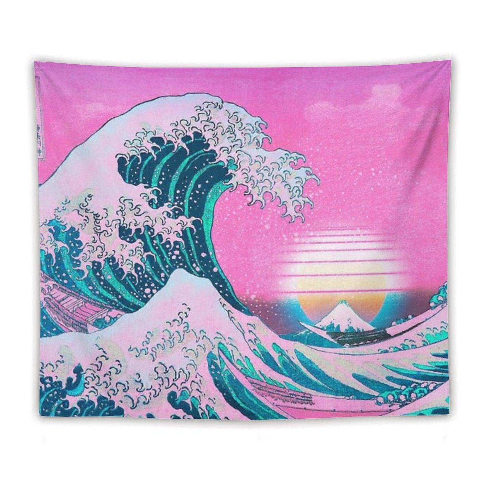 Vaporwave Aesthetic Great Wave Off Kanagawa Retro Sunset Tapestry