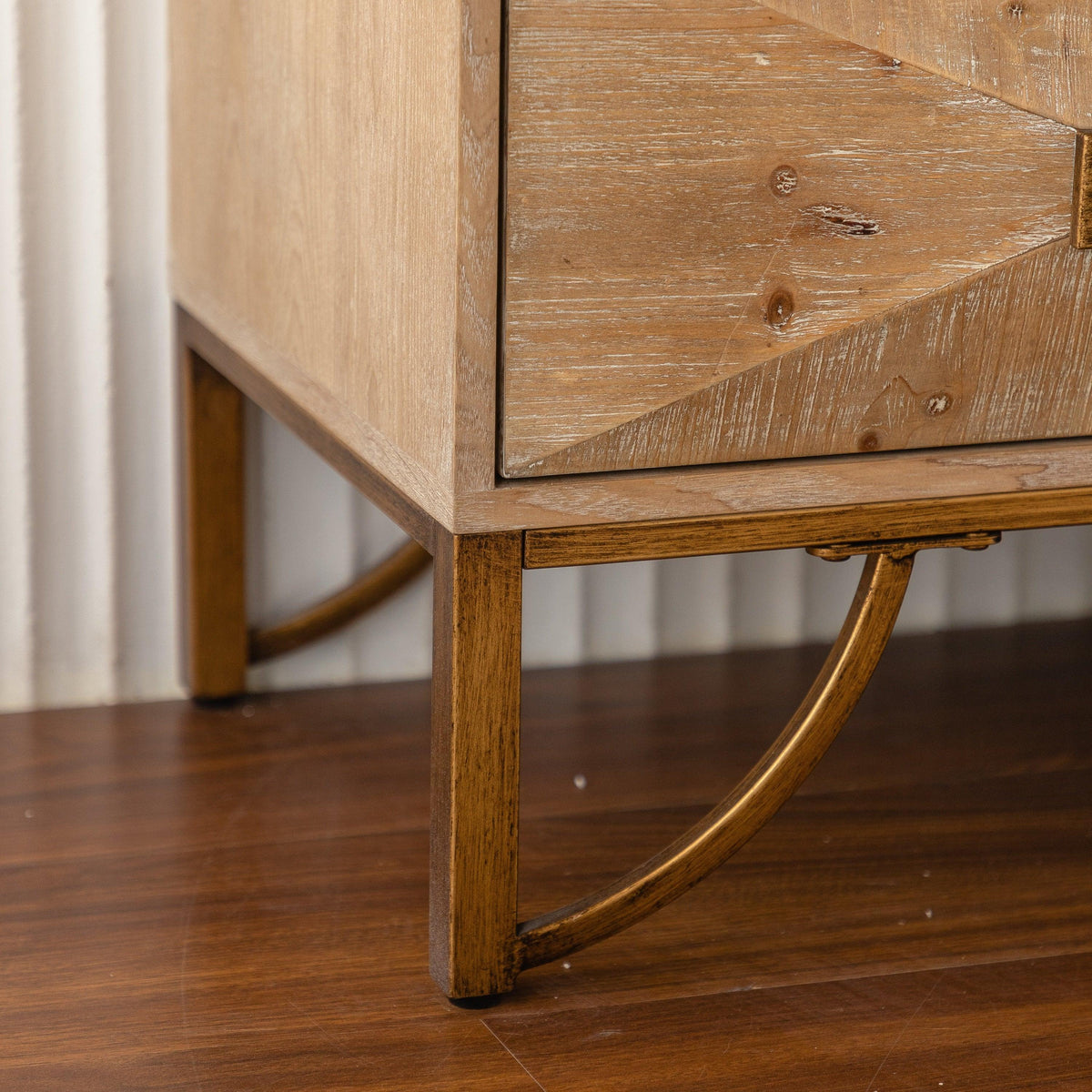 Natural Wood Sideboard Buffet Cabinet with Geometric Doors & Gold Legs
