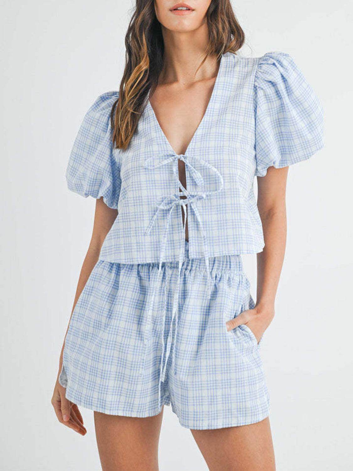 V-Neck Puff Sleeve Top and Shorts Set for Women Fashion