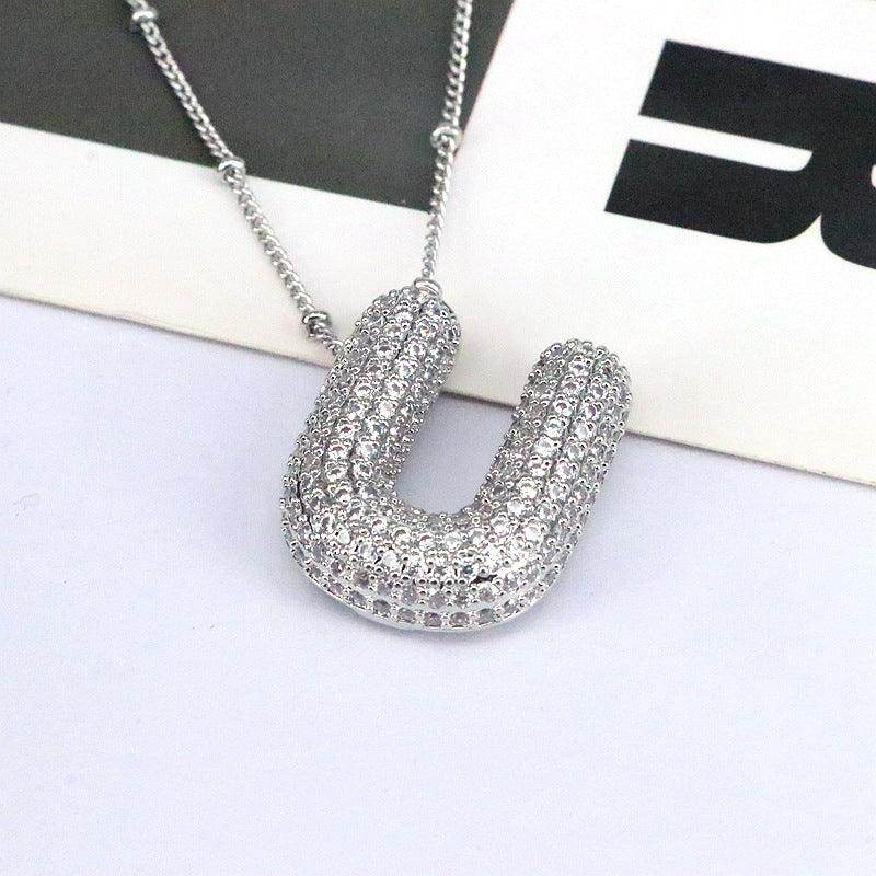 Copper Inlaid Zircon Letter Pendant Necklace for Women