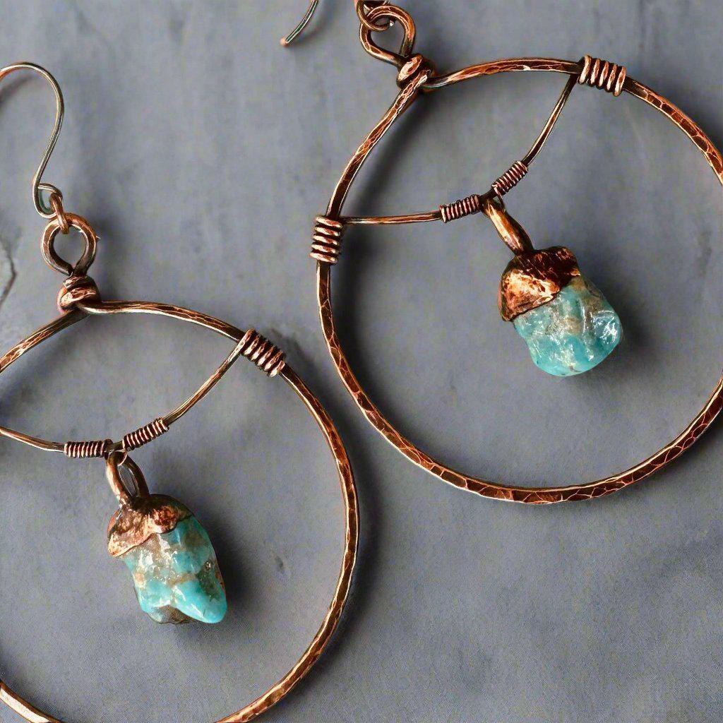 Raw Turquoise Hoops - Bohemian Jewelry | Handmade by Blackbird & Sage