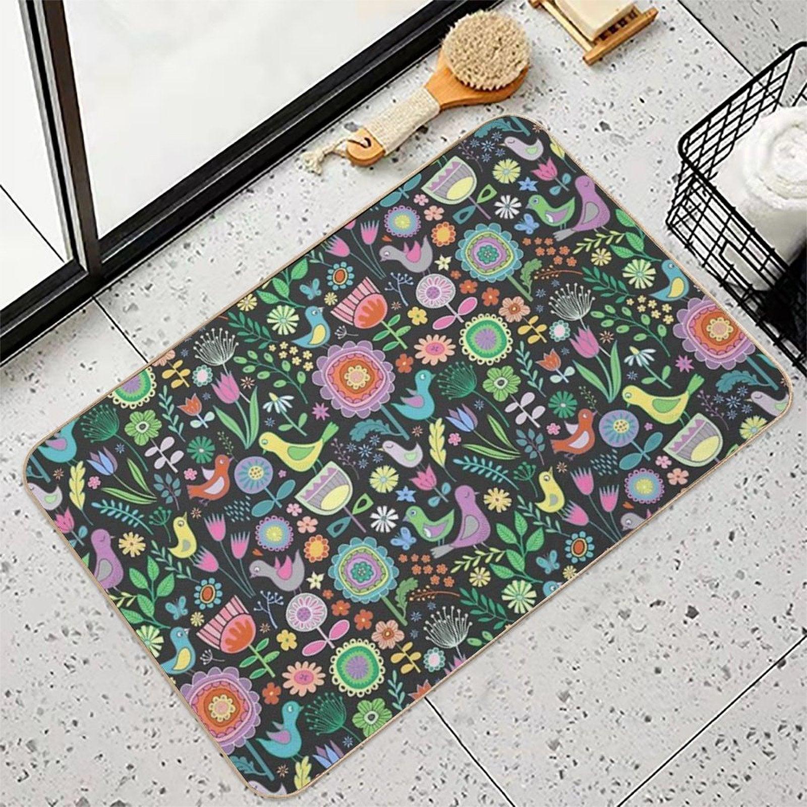 Birds And Blooms - Pastels on Black - Pretty Floral Bird Pattern by Cecca Designs  Rapid-Drying Bath Mat