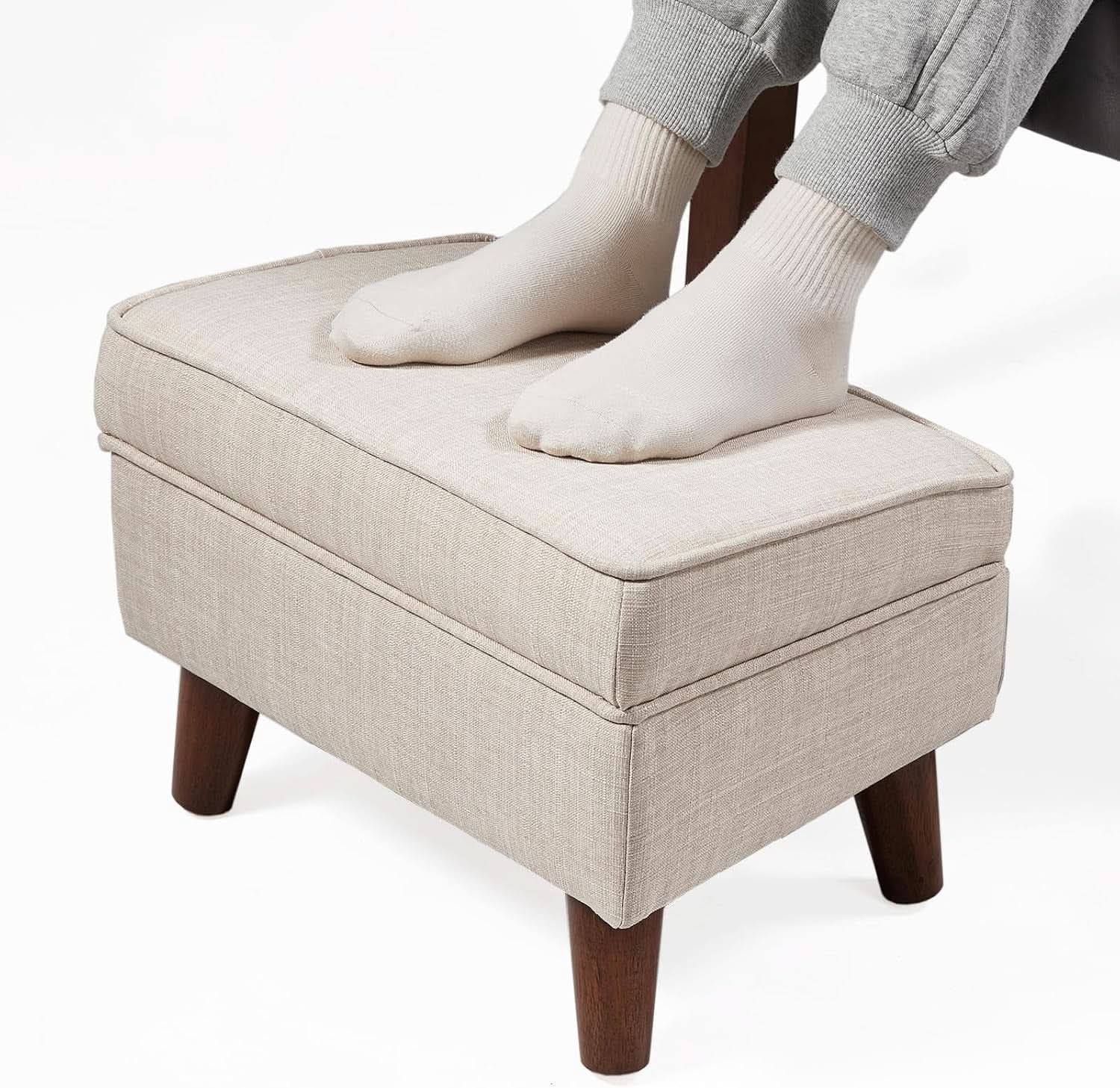 Beige Upholstered Storage Ottoman With Removable Lid