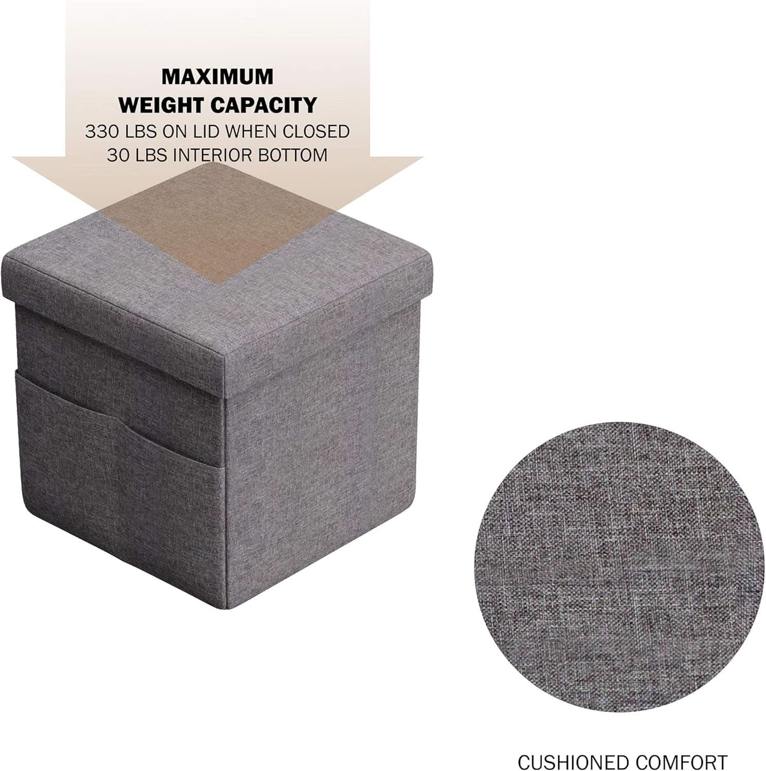 Gray 15 Inch Collapsible Storage Ottomans Compartments
