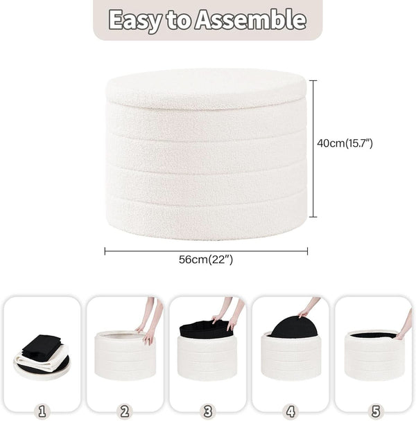 White Round Storage Ottoman Ultra Durable Cozy Elegant
