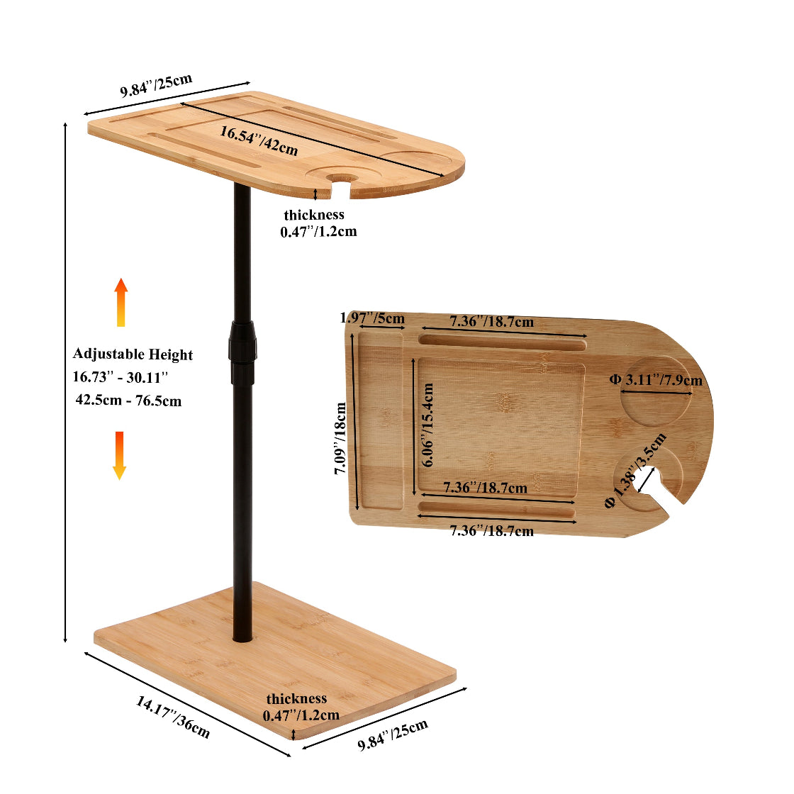 Dimensions and features of the bamboo couch tray table with adjustable height. Includes slots for wine, snacks, and devices.
