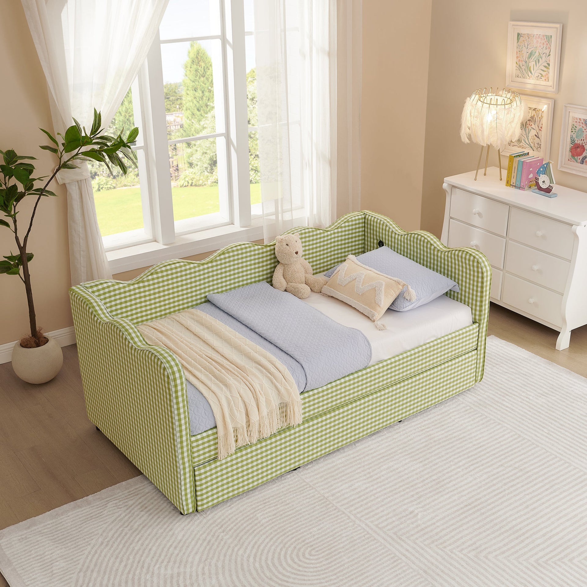Cozy Gingham Daybed with Trundle - Twin Size Sofa Bed