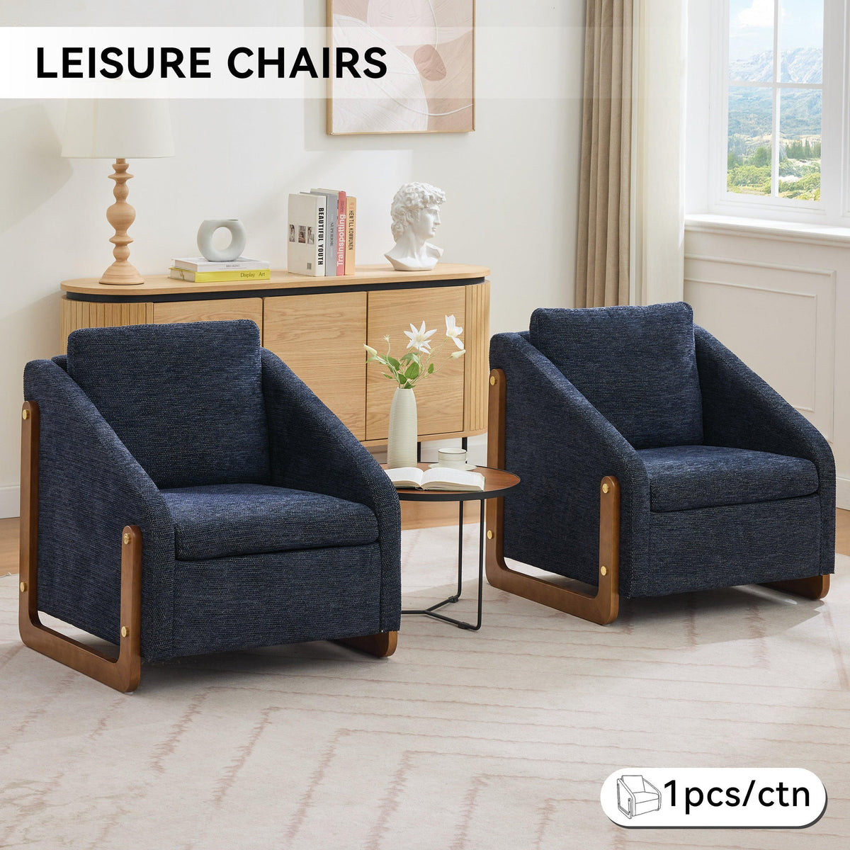 Modern Chenille Upholstered Armchair with Wooden Side Frame in Blue