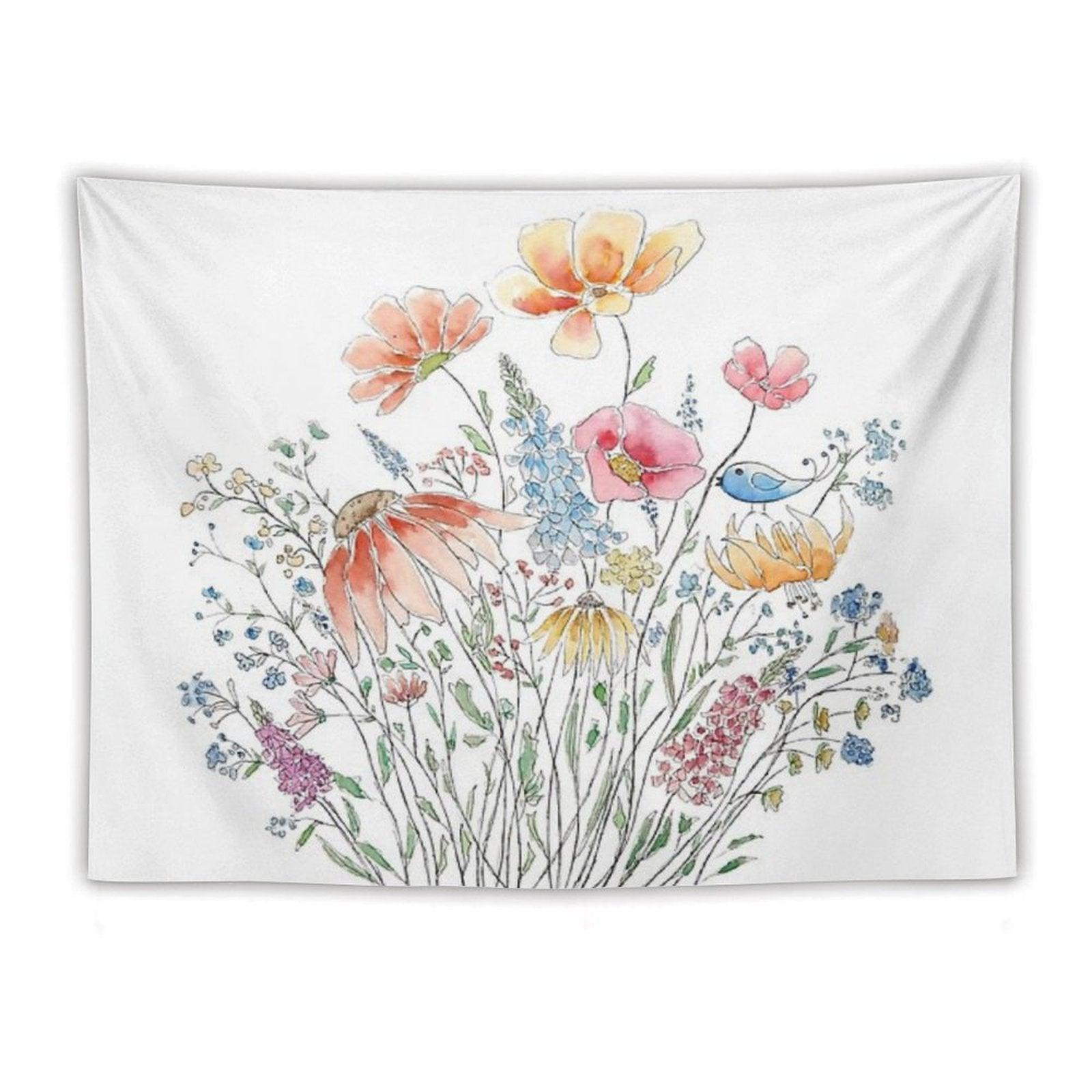 Hand Painted Wild Flower Bouquet And Blue Bird-line And Watercolor 2 Tapestry